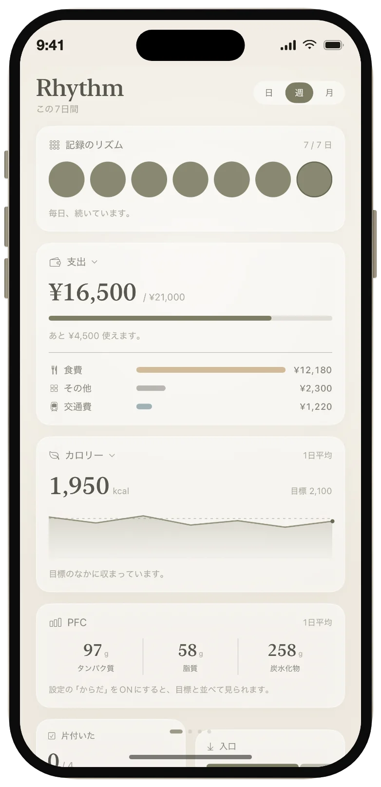 週単位のダッシュボード。記録のリズム、支出、カロリーの推移が並んでいる。